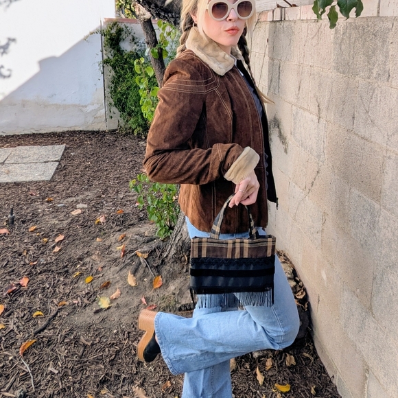 90s VTG Brown Plaid Fringe Mini Bag - Picture 10 of 11
